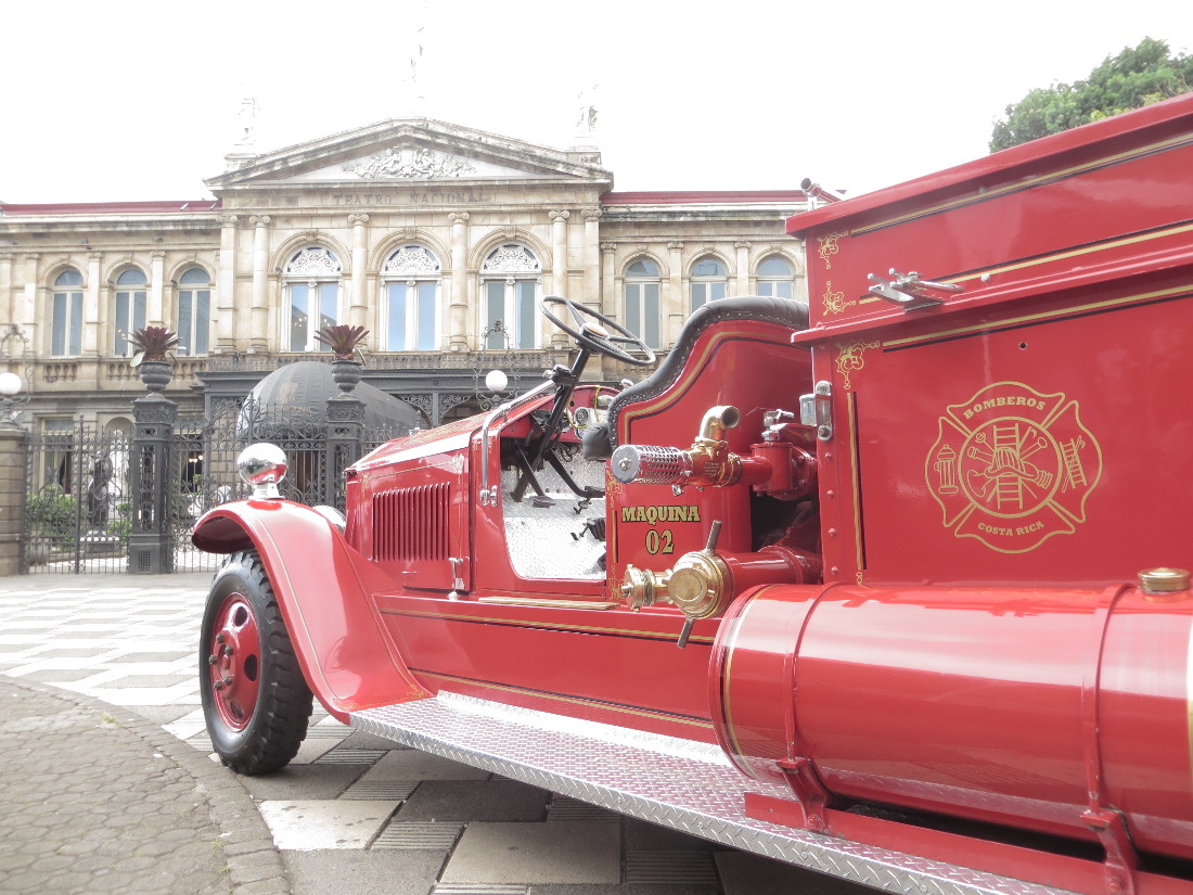 One of the antique fire trucks on display in front of the National Theater for 150th birthday of Costa Rica's Fire Department.