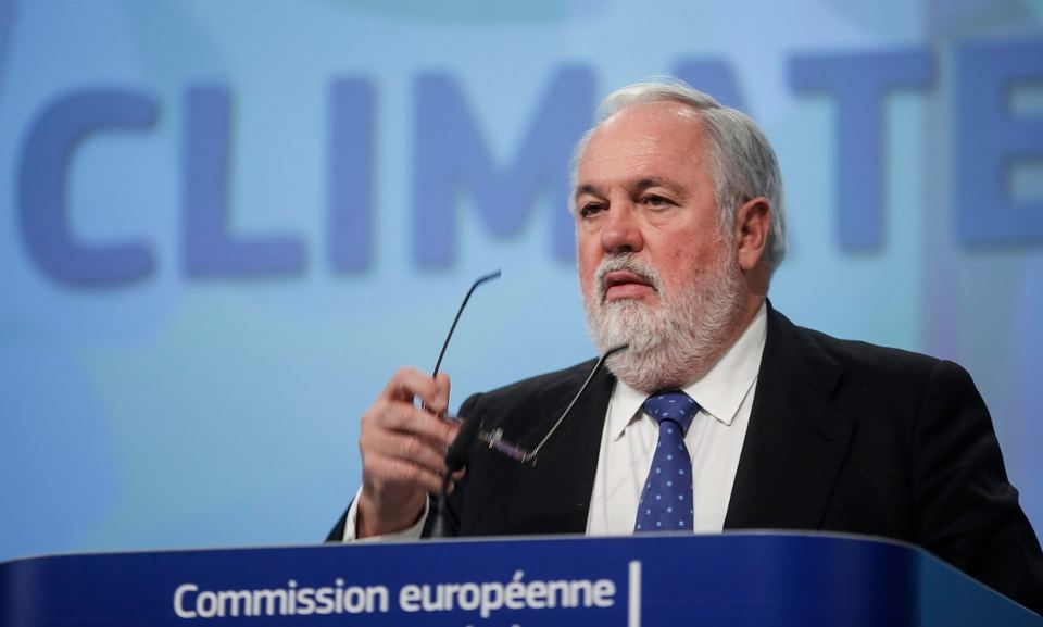 Miguel Arias Cañete, presents the European commission’s targets on climate action in Brussels, ahead of the COP21 summit. Photograph: Olivier Hoslet/EPA