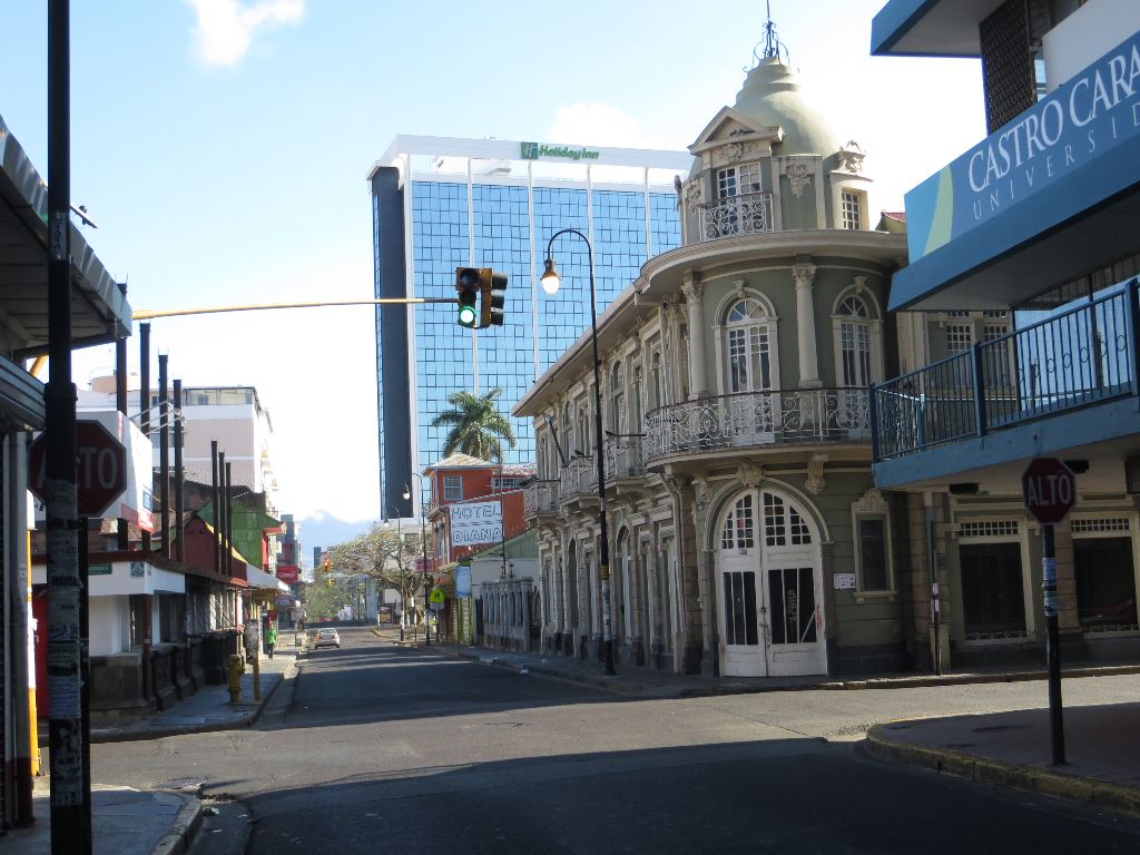 Familiar downtown views, such as this shot of Calle 5 showing buildings both old and the new, show a rare scene with almost no traffic.