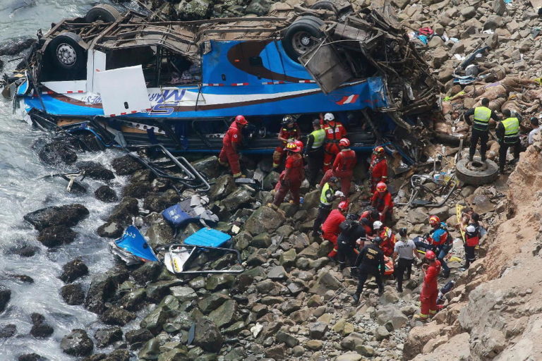 At least 48 dead when bus plunges onto rocky beach in Peru