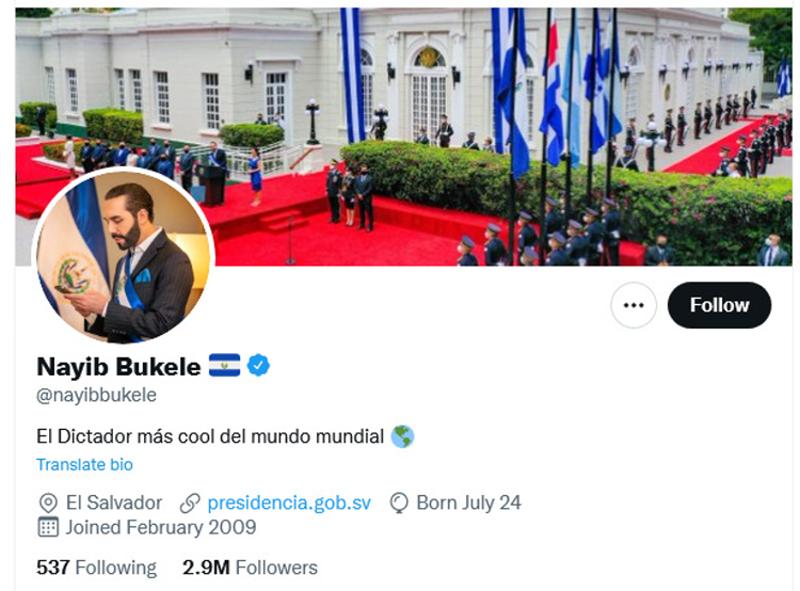Photo of En su biografía de Twitter, Bukele se llama a sí mismo el dictador más genial del mundo.