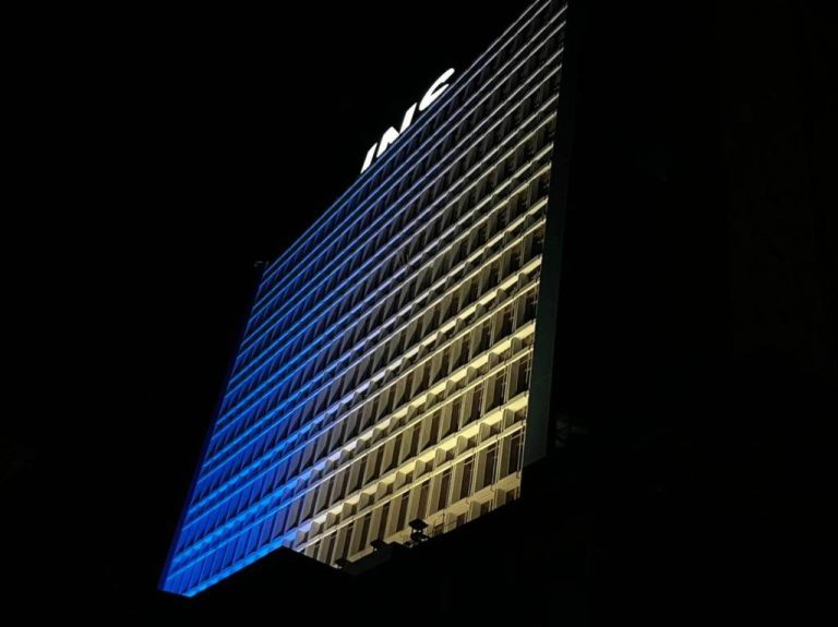 INS building is illuminated in support of Ukraine